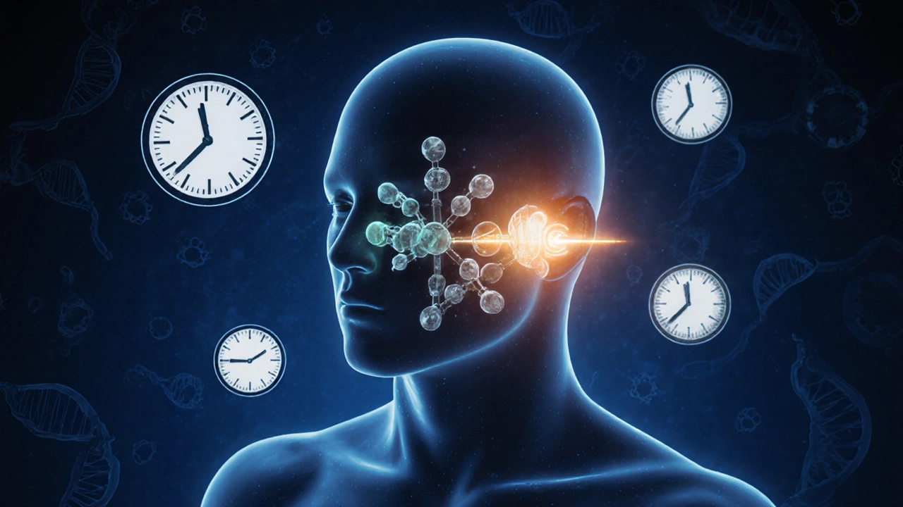 Průhledný člověk s molekulami HHC a THC, HHC trvá déle než THC.