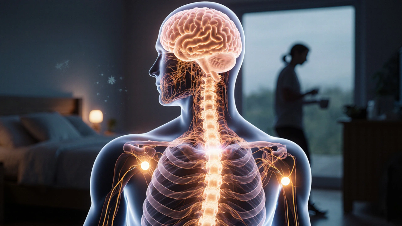 Průhledný náčrt lidského těla s osvětlenými endokanabinoidními cestami.