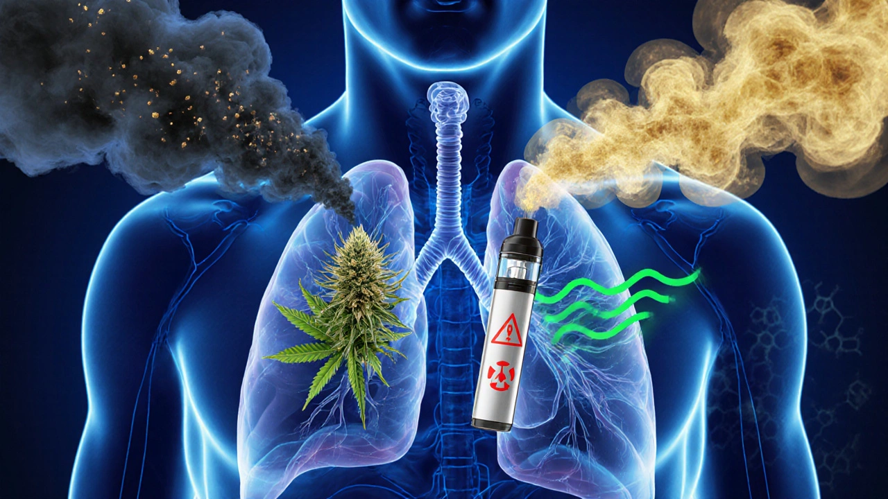 Průhledný plicní model s porovnáním kouře a čisté páry CBD.
