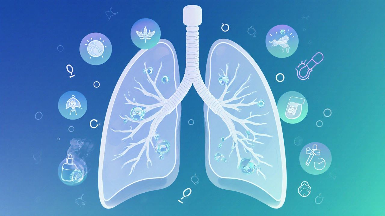 Průhledný pohled na plíce s kapkami CBD vstřebávanými do plicních sklípků, čísla a symboly v okolí.