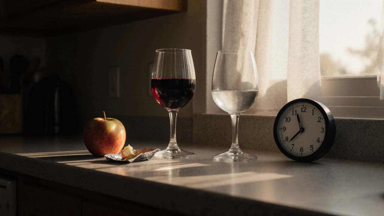 Ráno na kuchyňském stole: prázdné sklenice, jablko a balení HHC edibilu.