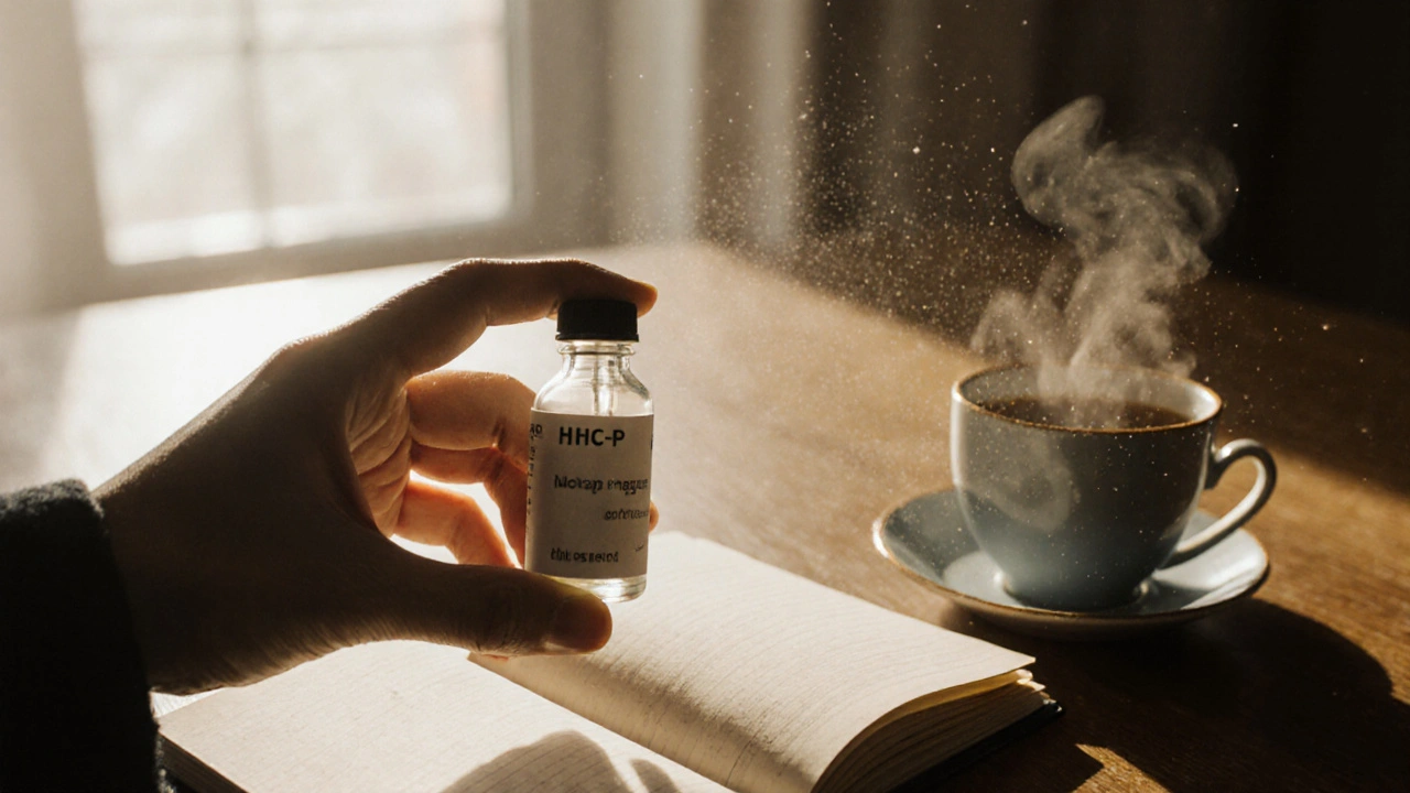 Ruka drží kapkovou lahvičku HHC-P vedle šálku kávy a otevřeného sešitu.