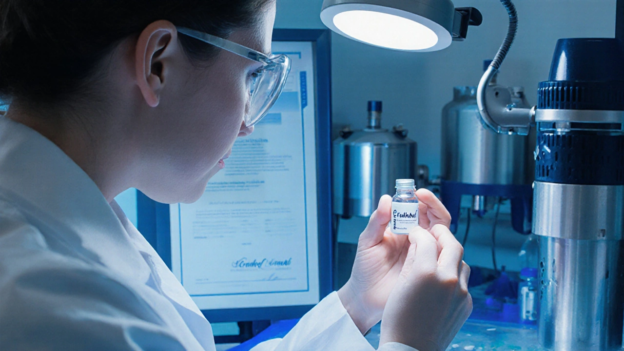 Technik v laboratoři manipuluje s Crumbl extraktem pod lupou, na pozadí analýza kvality.