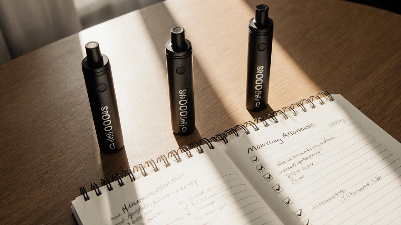 Tři CBD pero různých koncentrací na stole vedle sešitu s poznámkami, sluneční paprsky je osvětlují.