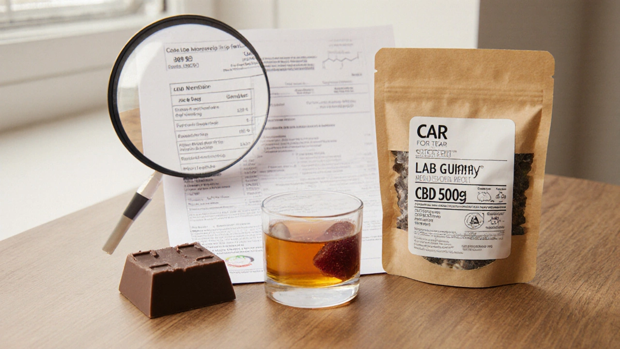 Tři CBD potraviny s čitelnými štítky a laboratorní analýzou na pozadí.