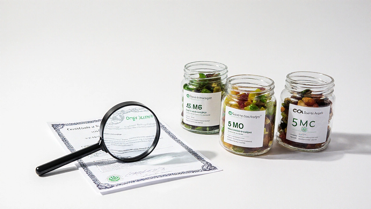 Tři skleněné nádoby s CBD kuličkami různých dávek a certifikát analýzy na bílém pozadí.