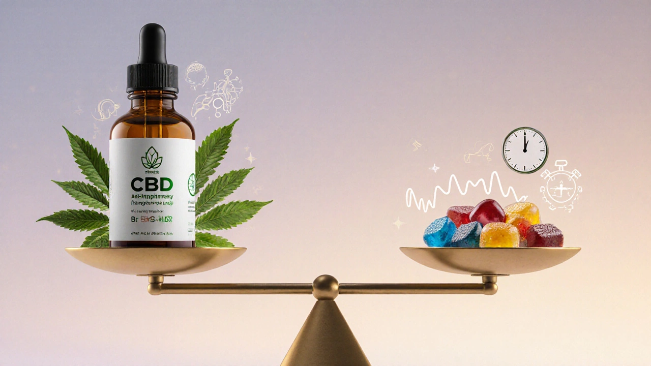 Váha s CBD olejem a HHC gumičkami, symbolizující jejich různé účinky na bolest.