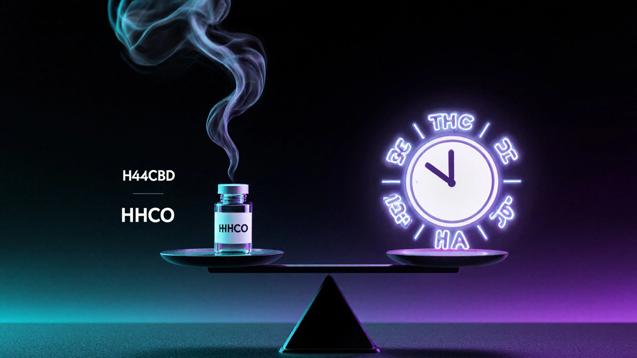 Váha s HHCO a THC, symbolizující jejich relativní sílu a délku účinku.