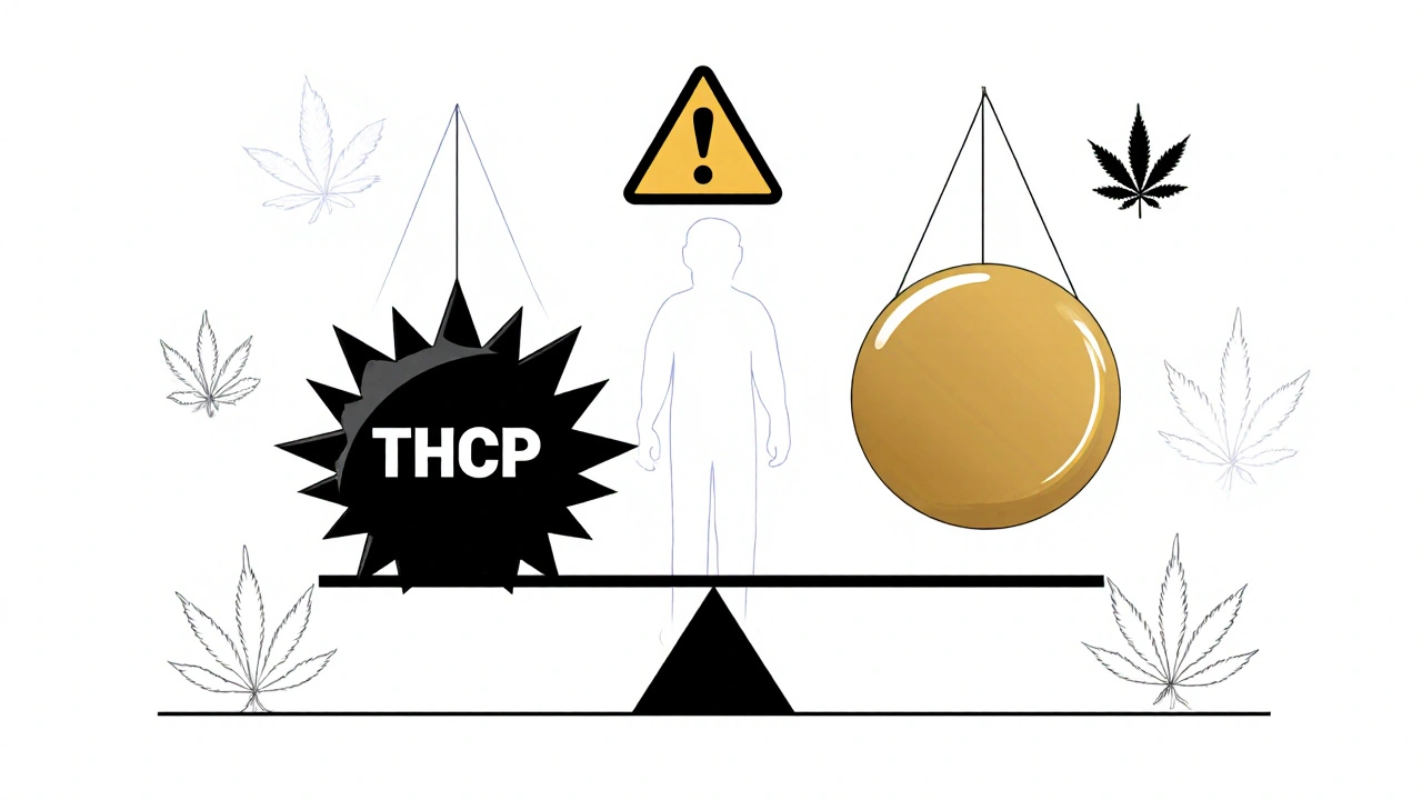 Váha s těžkou černou závaží THCP a lehkým zlatým závažím Delta-11 nad siluetou člověka.