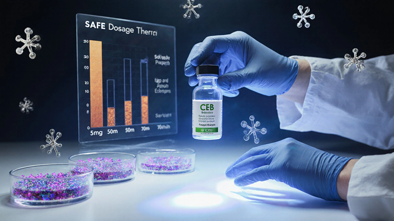 Vědec v laboratoři drží čistý CBG extrakt, kolem něj kultury kůže a graf bezpečných dávek.