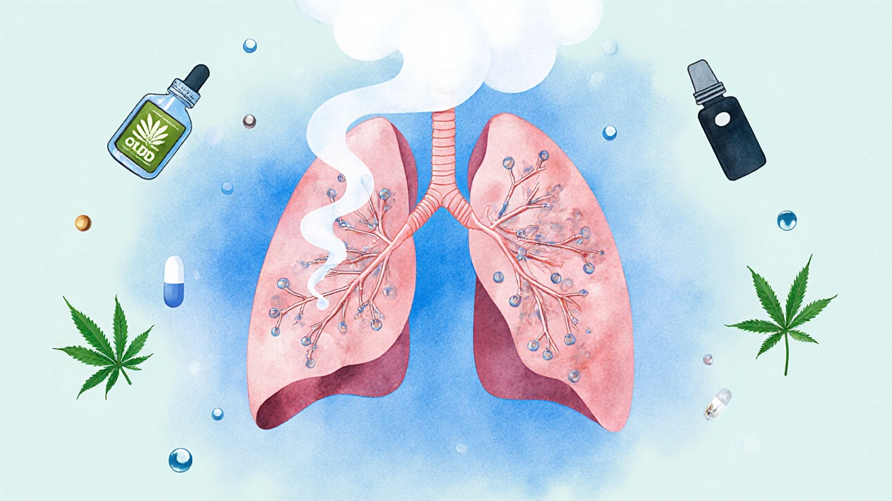 Vodová barva ilustrace plic s vdechovanou parou složenou z molekul CBD a příchutí.