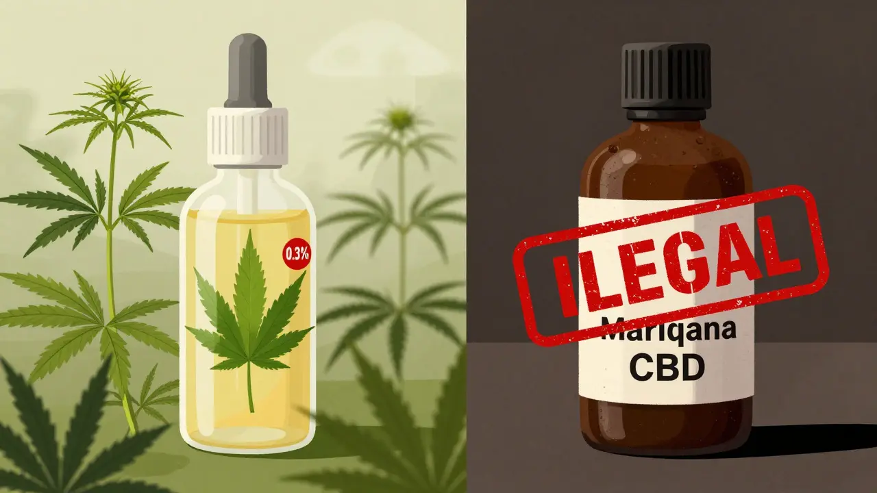 Dva CBD produkty: legální s konopím a nízkým THC vs. ilegální s marihuanou a červeným zákazem.