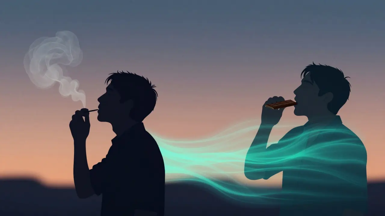 Dva siluety: jeden kouří konopí, druhý jí čokoládu — symbolizující rychlý a pomalý účinek THC.