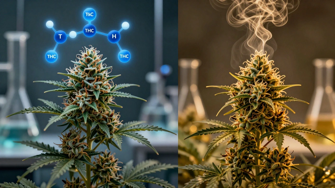 Dvě části konopí: jedna nezahřátá s modrými molekulami, druhá zahřátá s zlatými výpary.