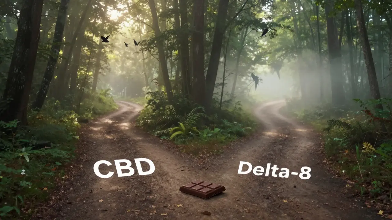 Dvě cesty v lese symbolizují CBD a delta-8, čokoláda leží na rozcestí.
