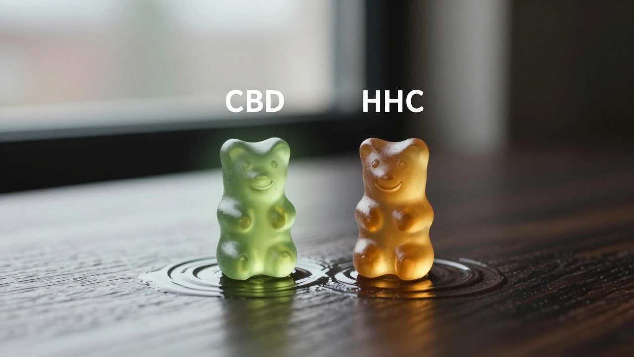 Dvě gumičky CBD a HHC na dřevěném stole s jemnými světelnými efekty.