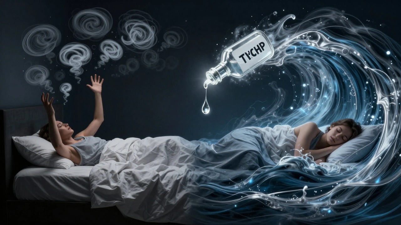 Dvě strany stejné osoby: jedna se nemůže usnout, druhá klidně spí, mezi nimi průhledný most z klidné energie.