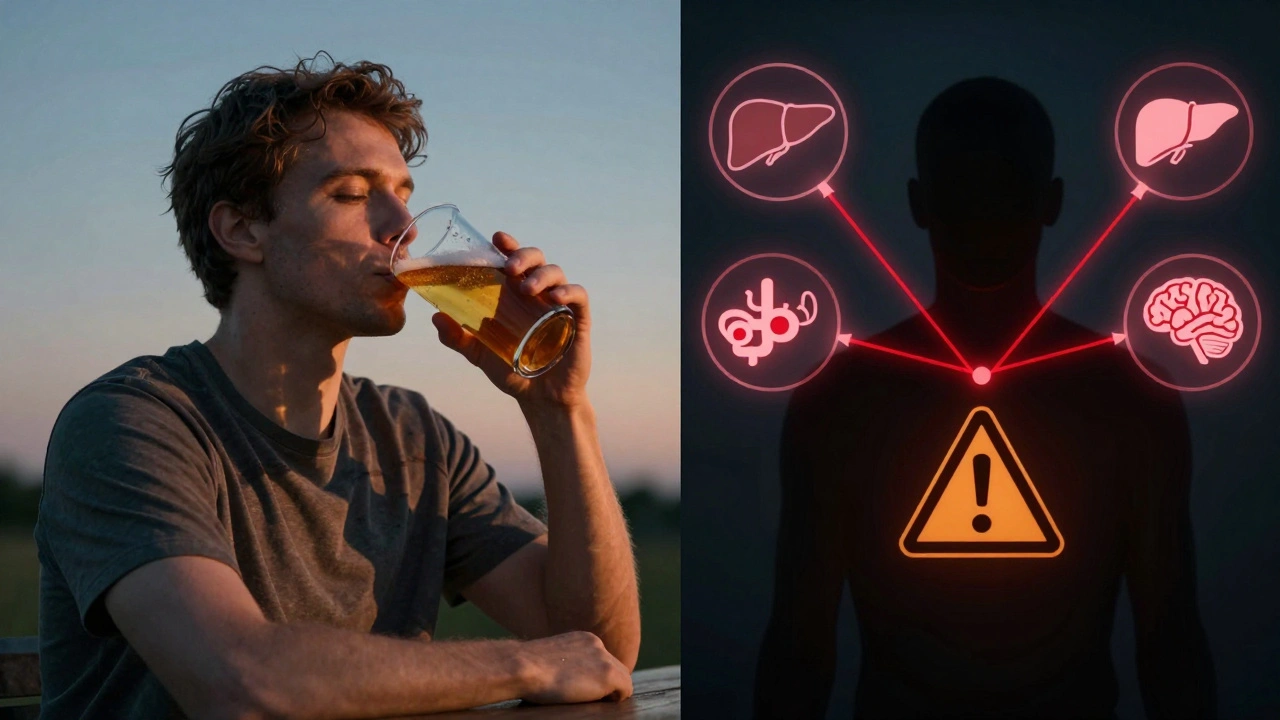 Dvojitý obrázek: klidný pítel vs. postava s varovnými symboly těla a léků.