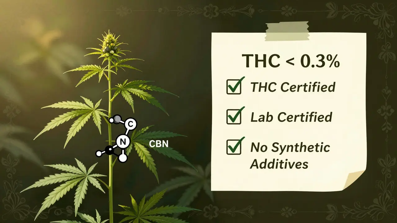 Ilustrace rozkladu THC na CBN v konopí s kontrolním seznamem legálních požadavků.