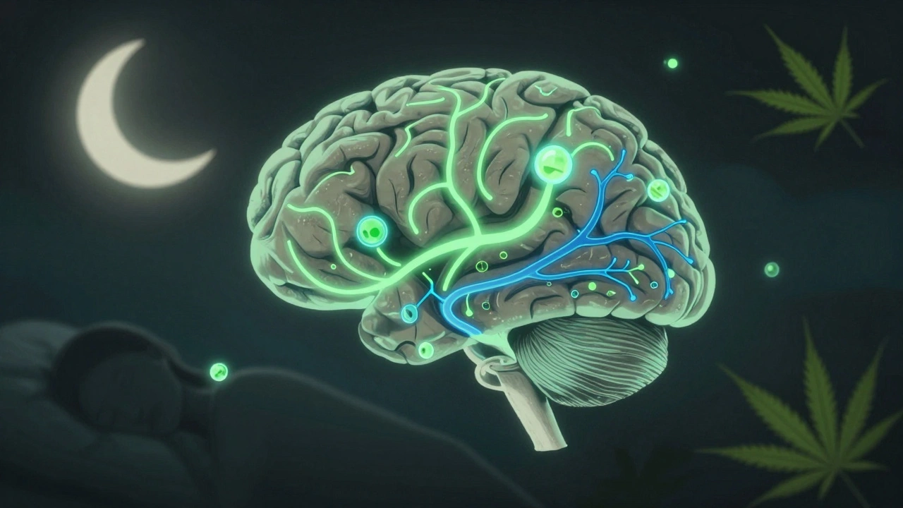 Ilustrovaný mozek s aktivními nervovými cestami a molekulami CBD v nočním prostředí.