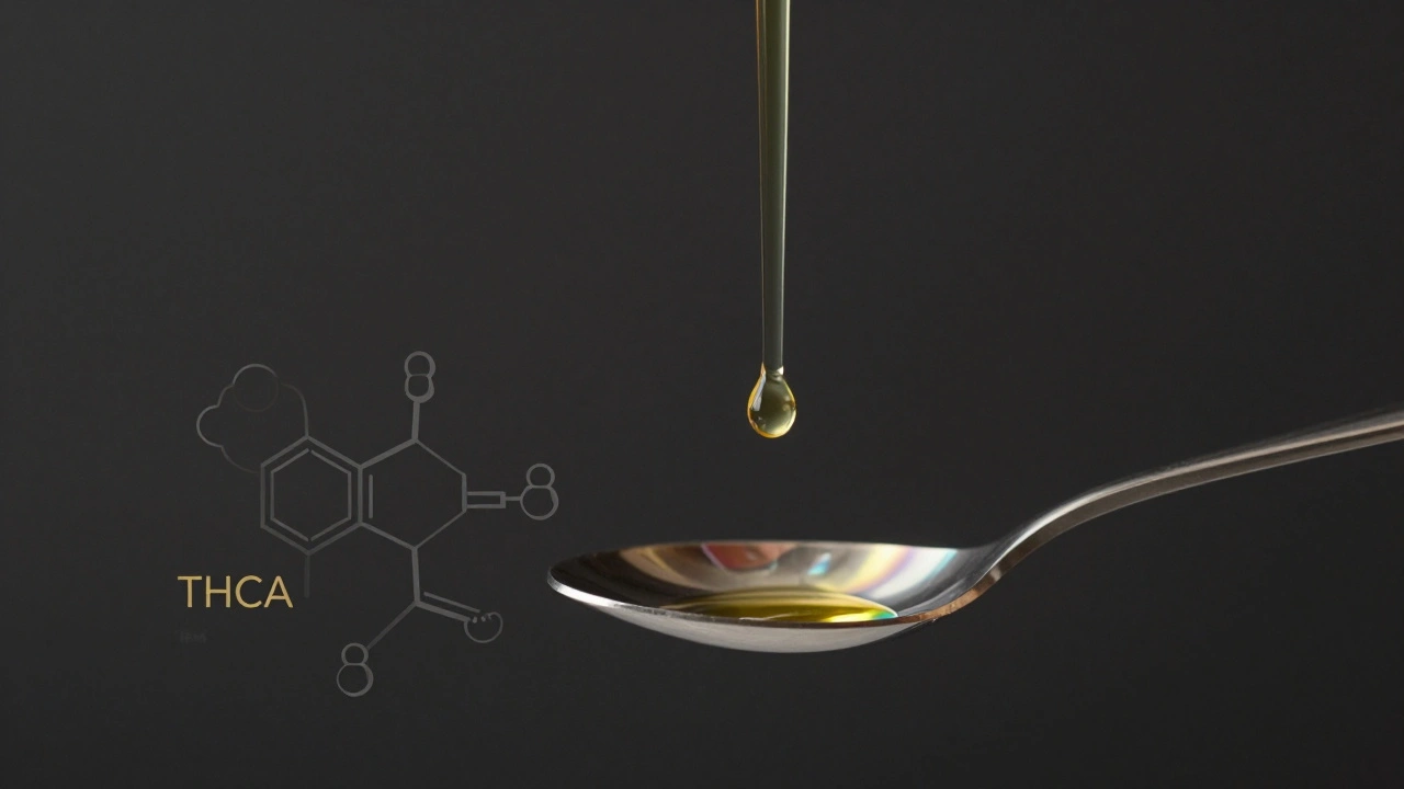 Kapka tinktury konopí v prostředí s přehledem molekul THCA a H4CBD.