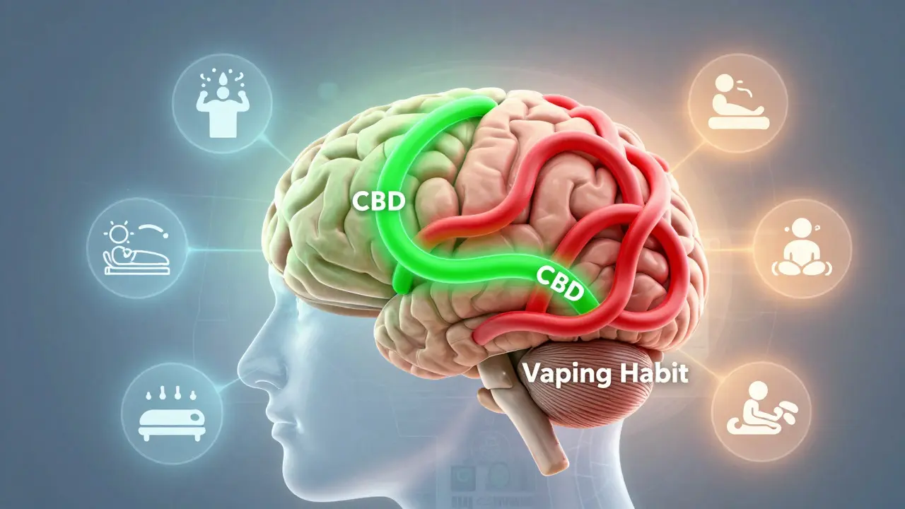 Koncepční obrázek mozku s dvěma cestami: CBD a návyk vdechování.