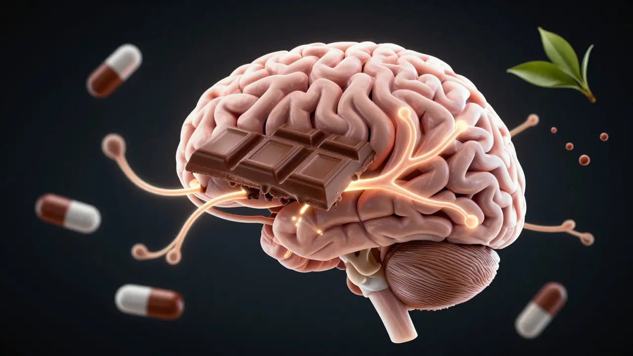 Lidská mozek s čokoládou, která se mění v pomalé světelné vlny, které se šíří po neuronových cestách.