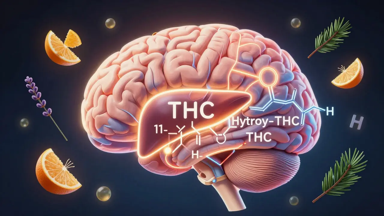 Lidský mozek s chemickými strukturami THC a 11-hydroxy-THC, obklopený symboly terpenů jako citrus, lavanda a jehličí.