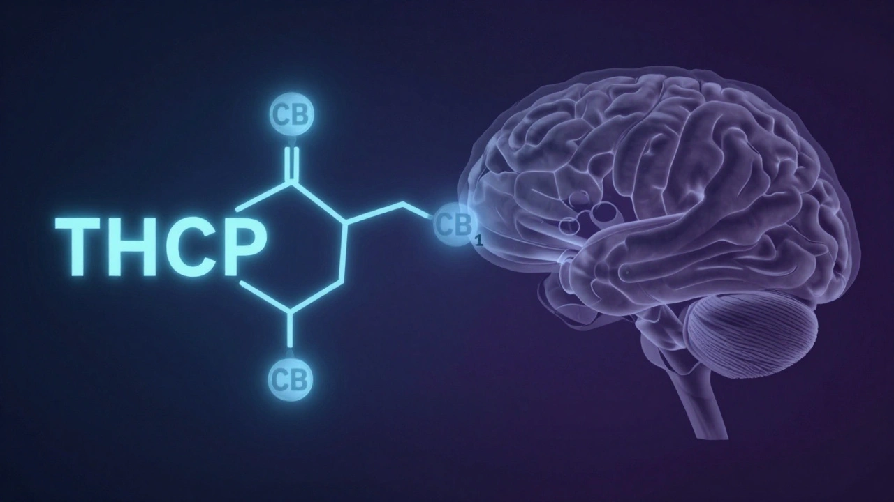 Molekulární porovnání THCP a THC vážících se na receptor v mozku, THCP s delším řetězcem a silnější vazbou.