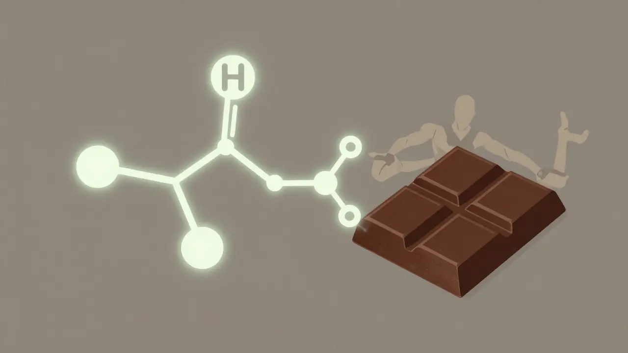 Molekulární struktura delta-8 přechází v texturu čokolády s abstraktními prvky vnímání.