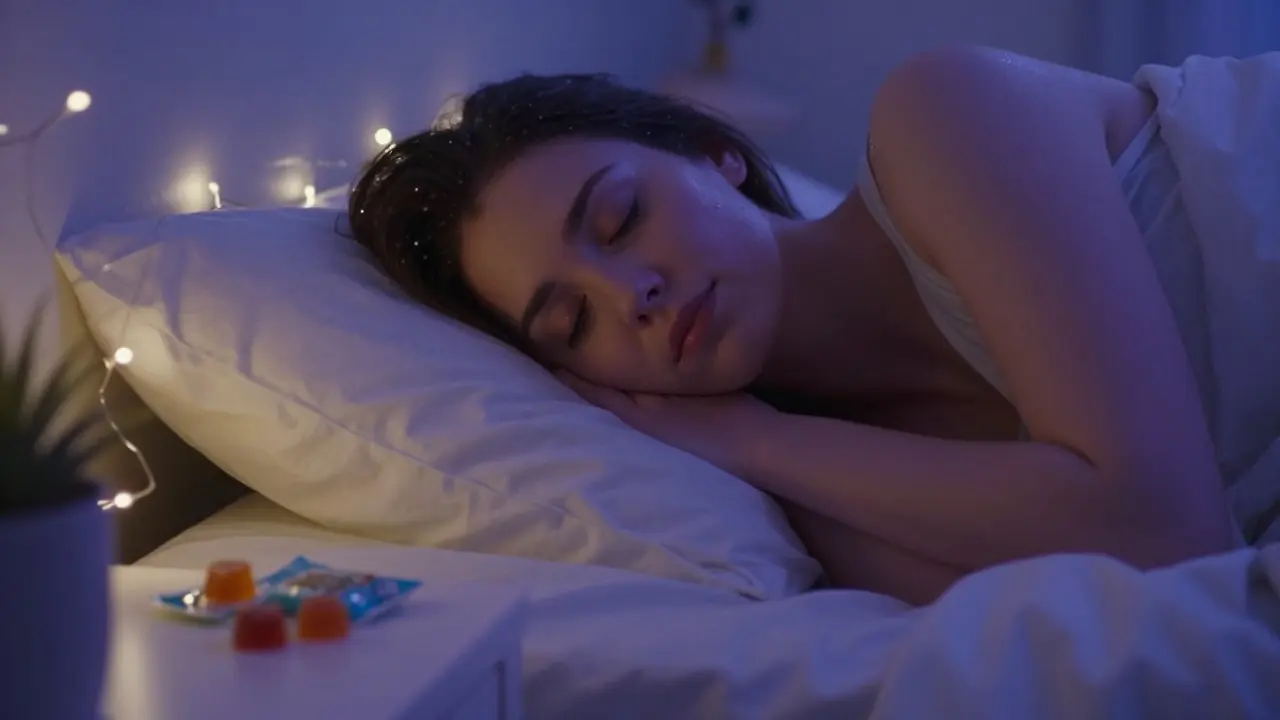 Osoba klidně leží v posteli večer, na nočním stolku guma, klidné osvětlení.