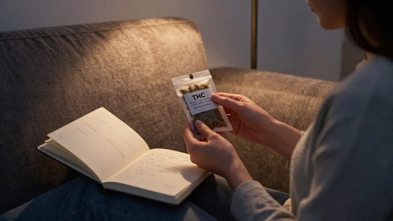 Osoba sedí na kanapě s edibily s uvedeným obsahem THC a CBD, vedle ní deník s poznámkami, teplé osvětlení večera.