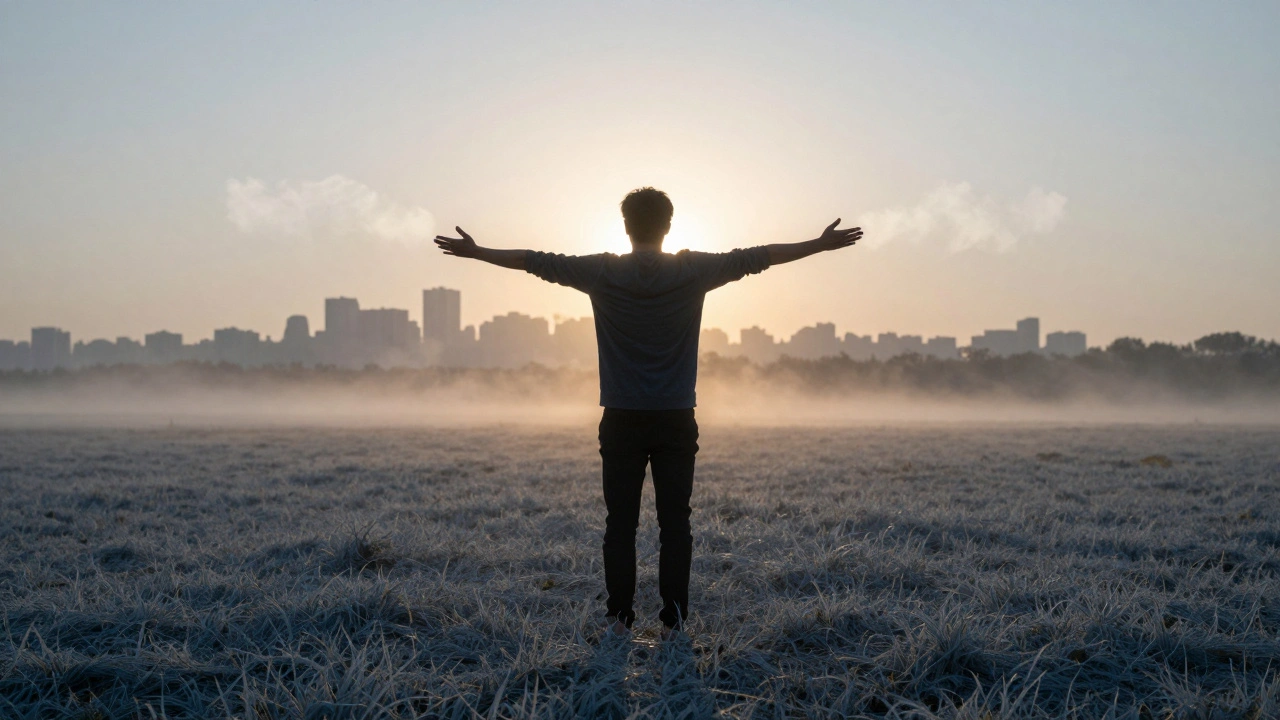 Osoba stojí na trávě na východě, ruce natažené k slunci, jemné stopy výparů se rozptýlí kolem ní.