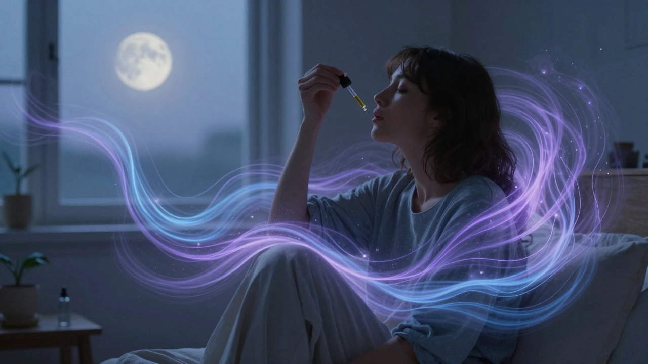 Osoba užívající CBD olej pod jazykem v klidné večerní místnosti s klidnými energetickými vlnami.