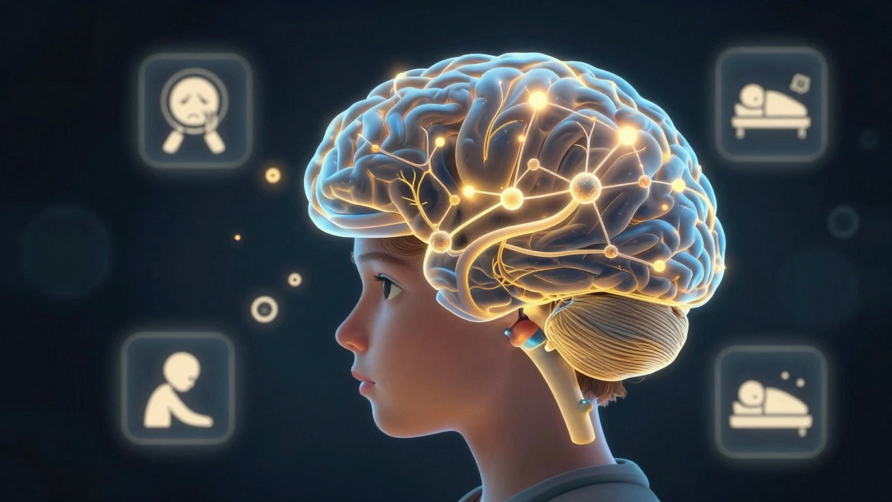 Průhledný obrázek dospívajícího mozku s narušenými nervovými spojeními CBD molekulami.