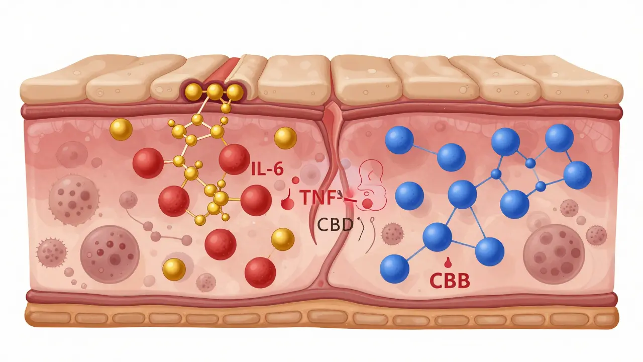 Průřez kůže s CBG molekulami potlačujícími zánětlivé látky a bakterie.