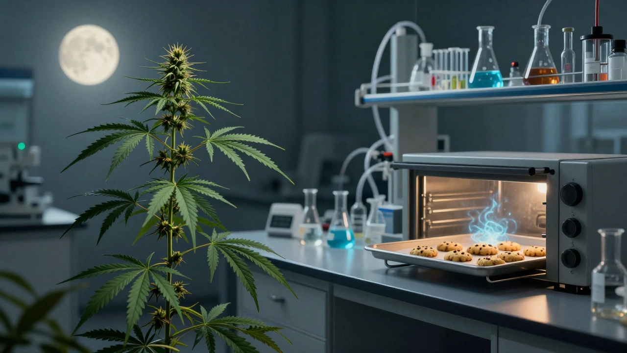 Rozdělený obraz: indica rostlina vlevo a laboratoř s chemickými nádobami vpravo.