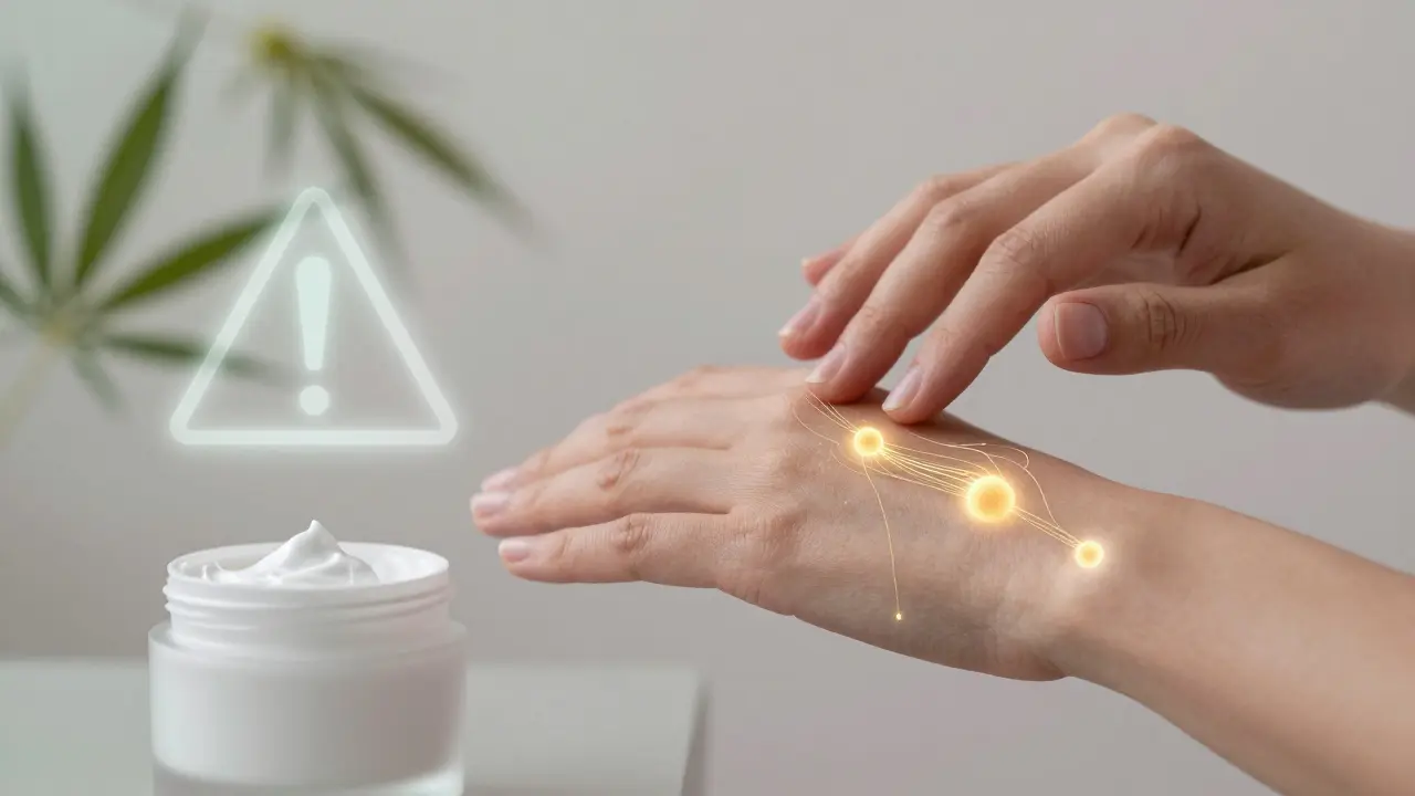 Ruka aplikuje CBD krém na kůži, zlaté molekuly CBD proudí do pokožky, zatímco nelegální produkt je na pozadí s varováním.