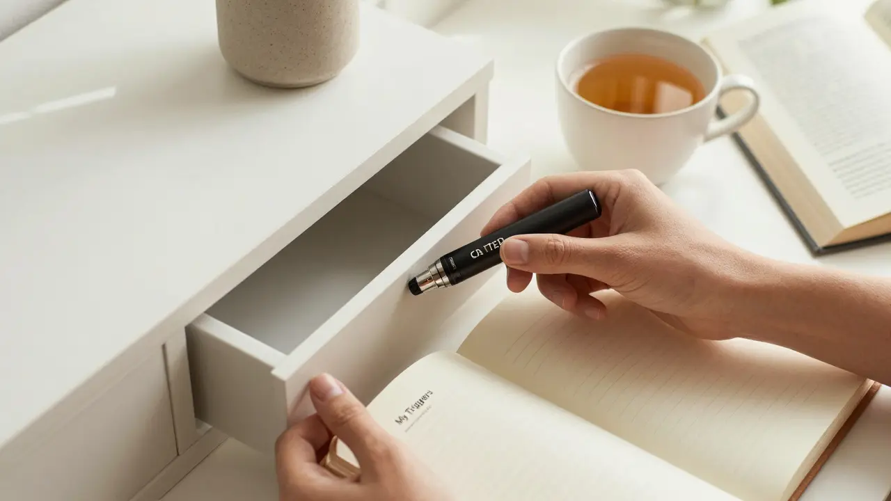 Ruka ukládá vape pen do šuplíku, vedle něj otevřený deník a čaj.