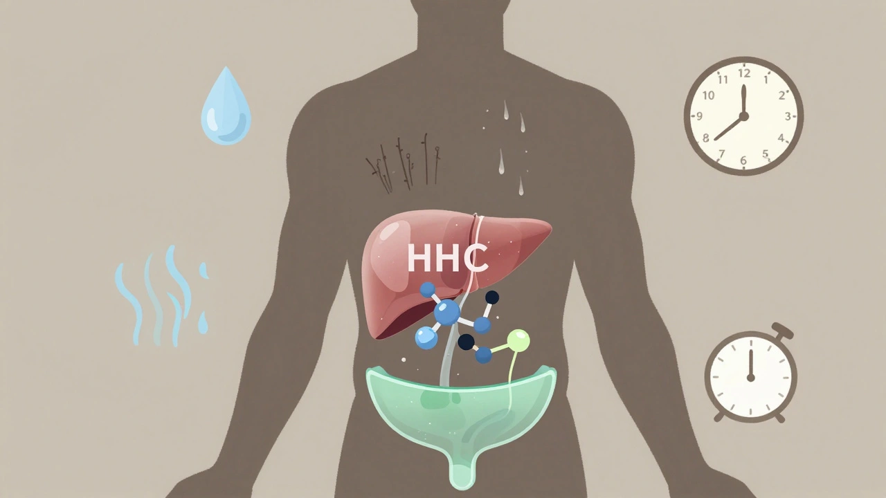 Silueta lidského těla s přehledem metabolizace HHC v játrech a vylučování přes moč a pot.