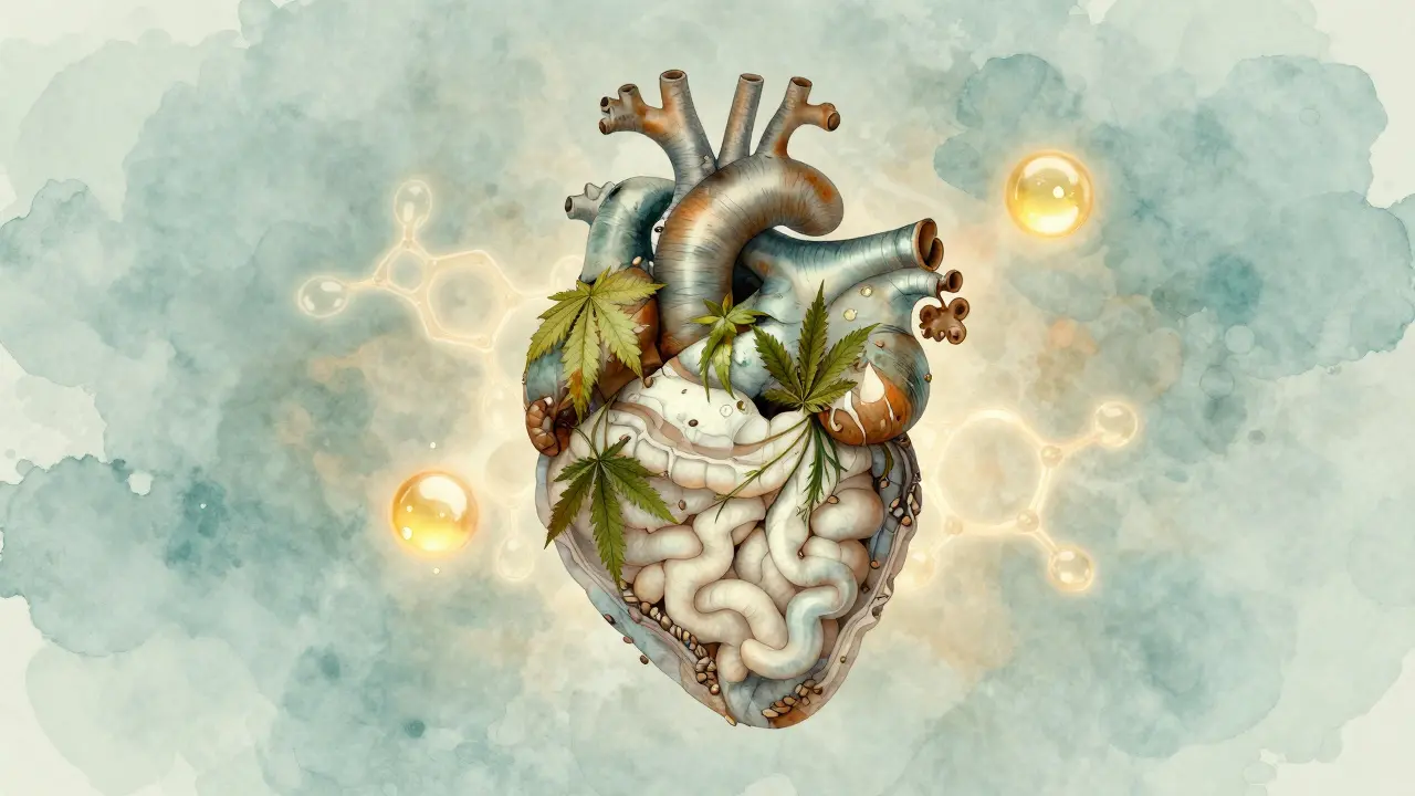 Symbolická ilustrace srdce a trávicího traktu složeného z konopných semínek a olejových kapek.