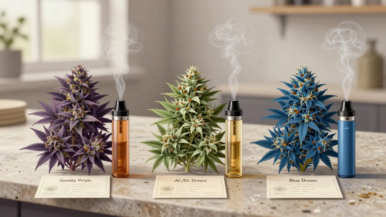 Tři druhy CBD květin na kamenité desce s laboratorními certifikáty a jemnými výpary.