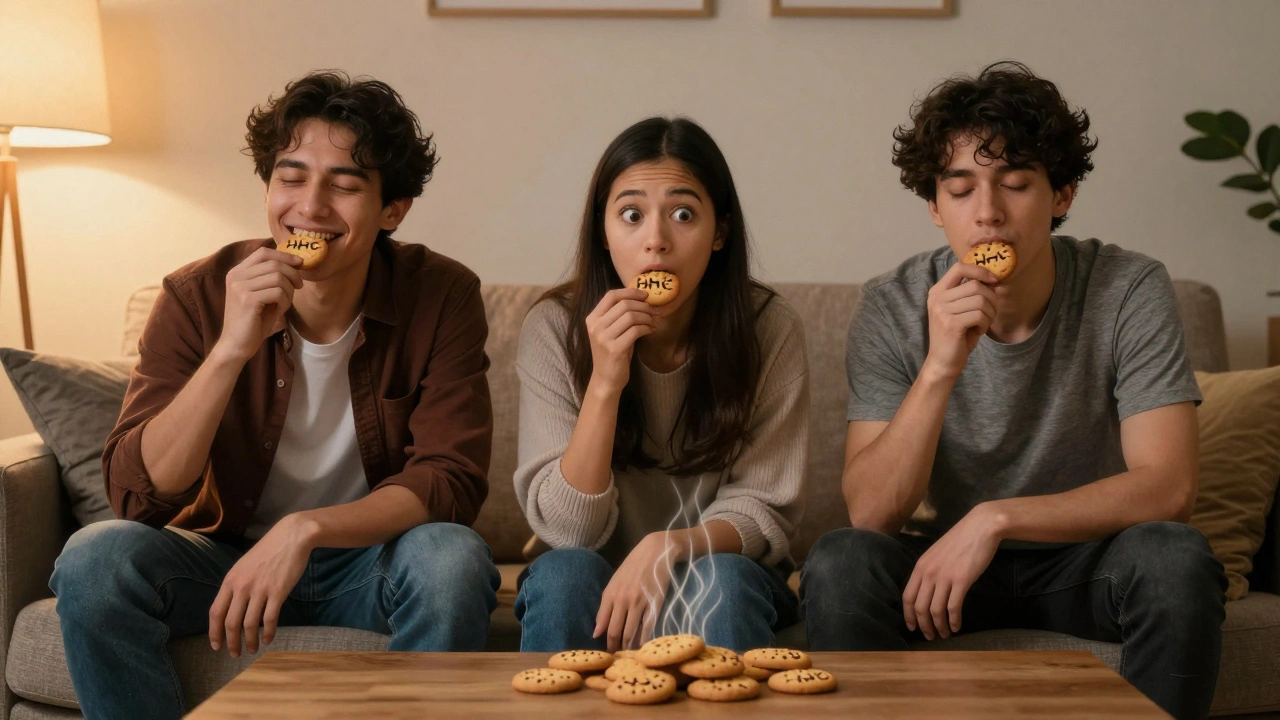 Tři lidé na pohovce reagují různě na sušenky s HHC — jeden uvolněný, jeden probuzený, jeden spí.