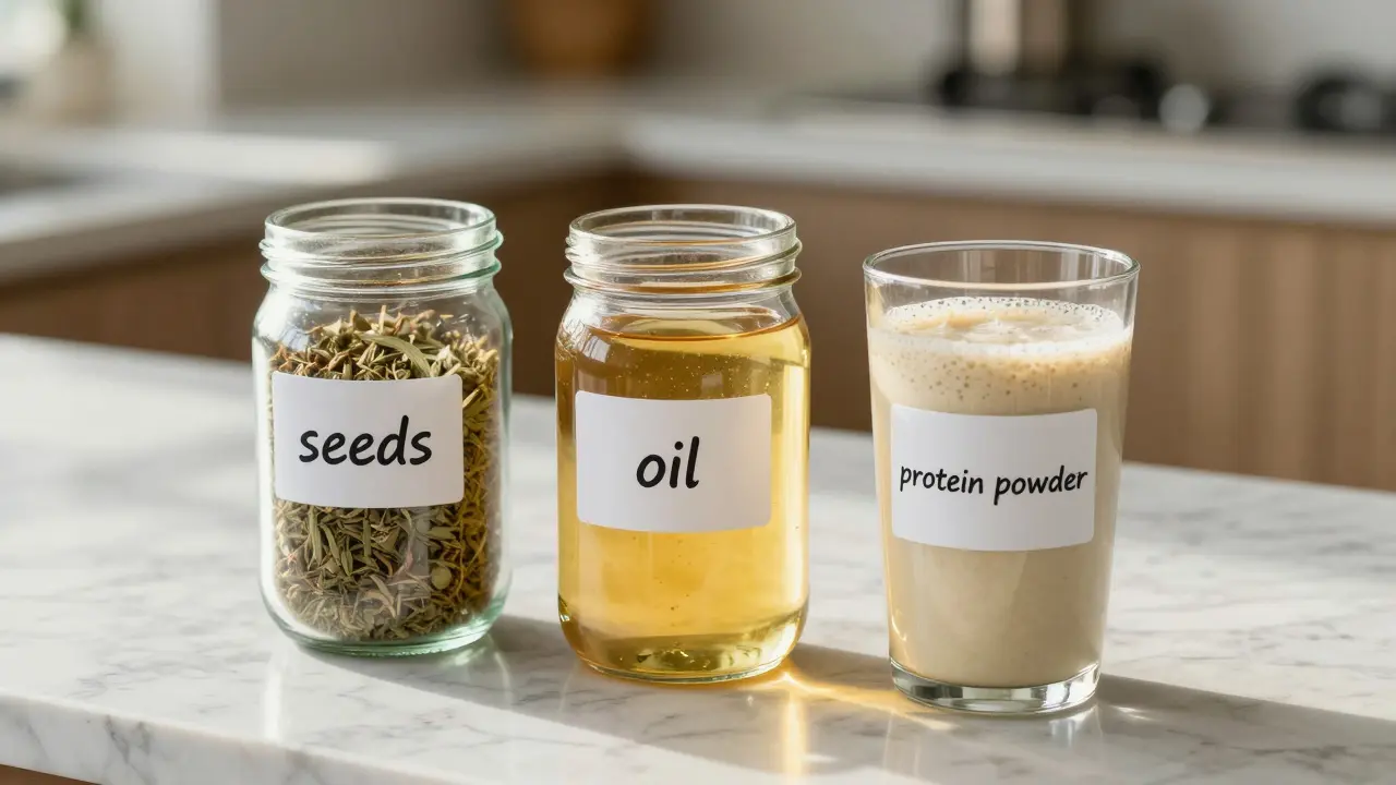 Tři skleněné nádoby s konopnými produkty a smoothie na kamenité ploše.