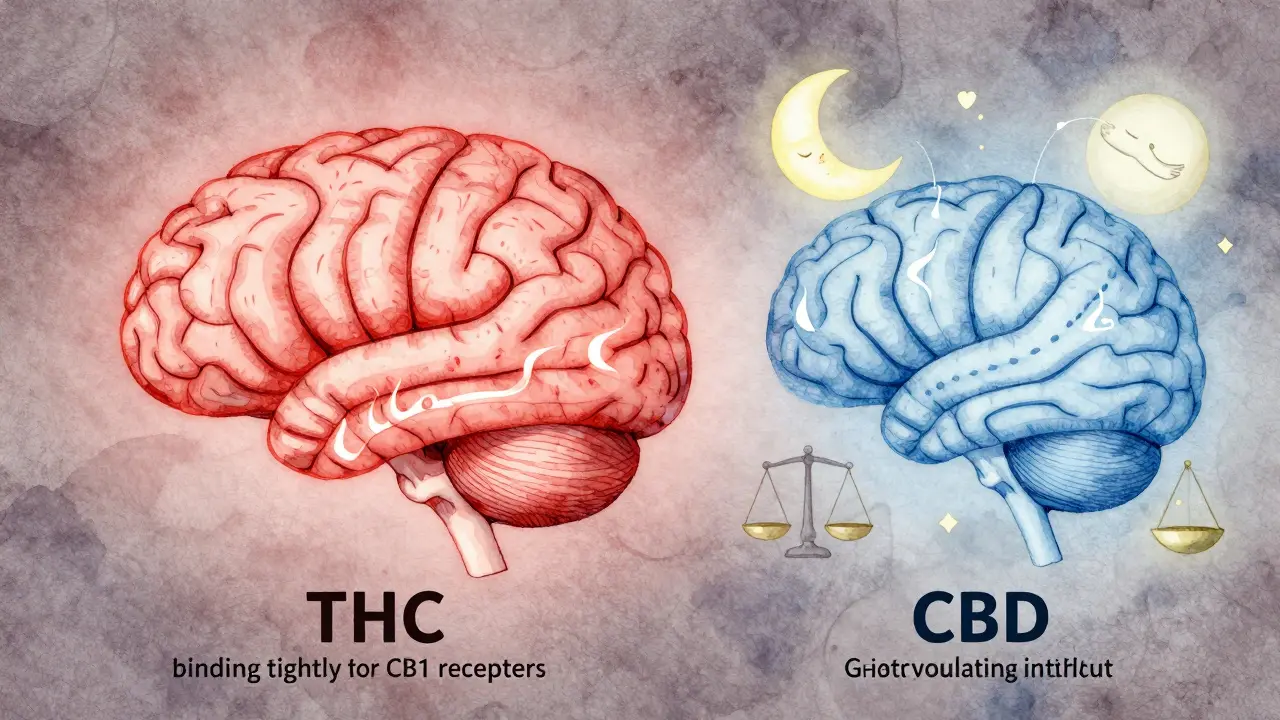 Umělecká ilustrace lidského mozku s rozdílnými cestami CBD a THC.