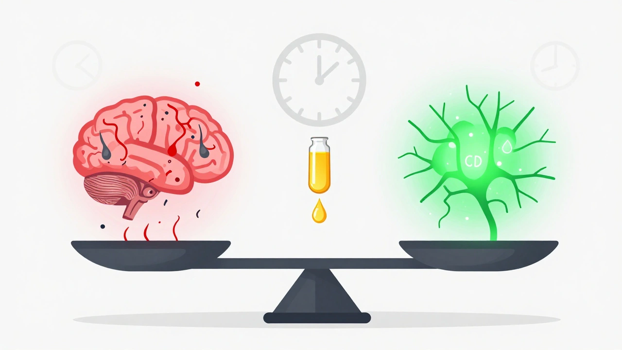 Váha s chaotickými nervovými signály na jedné straně a klidnými neuronovými sítěmi na druhé, vyrovnávaná kapkou CBD.