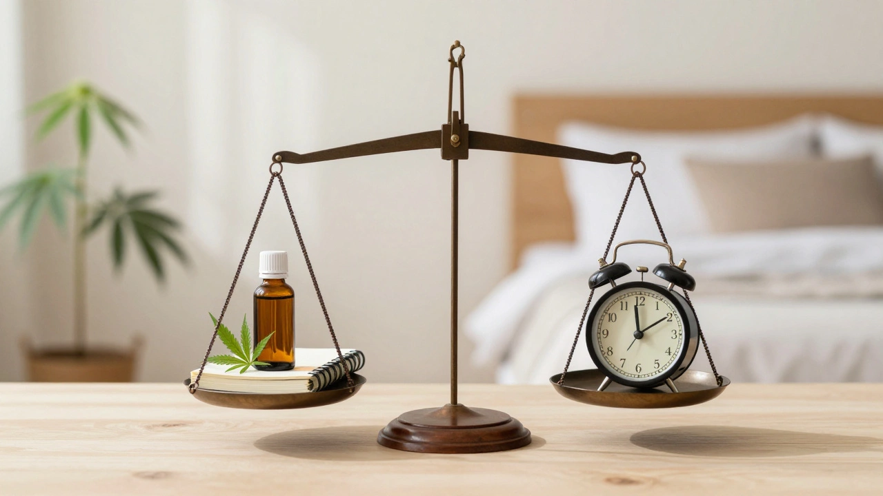 Váha symbolizující rovnováhu mezi CBD olejem a zdravými návyky pro spánek.