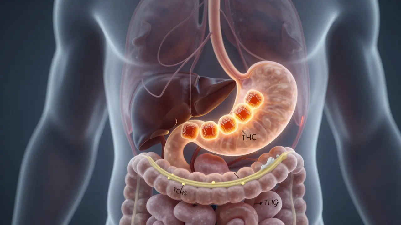 Vnitřní zobrazení trávicího systému s THC gummy procházející žaludkem a jaterem.