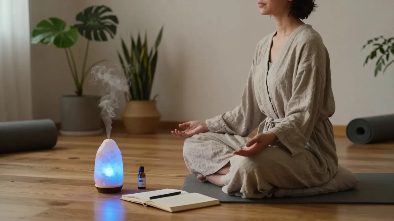 Žena medituje v klidném prostředí s HHC olejem, solnou lampou a rostlinami.