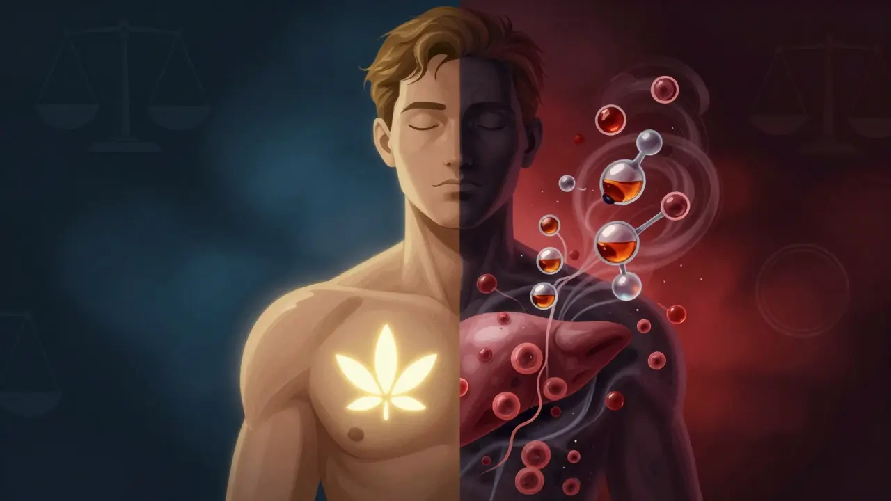 Abstraktní ilustrace člověka s jednou stranou zdravé a jednou poškozenou alkoholem.